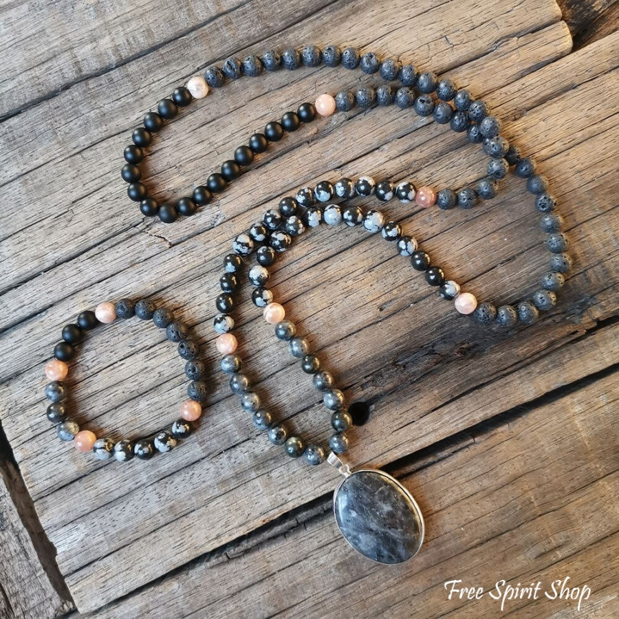 108 Natural Black Lava Stone Snowflake Obsidian Sunstone & Labradorite Mala Bead Necklace - Image 4