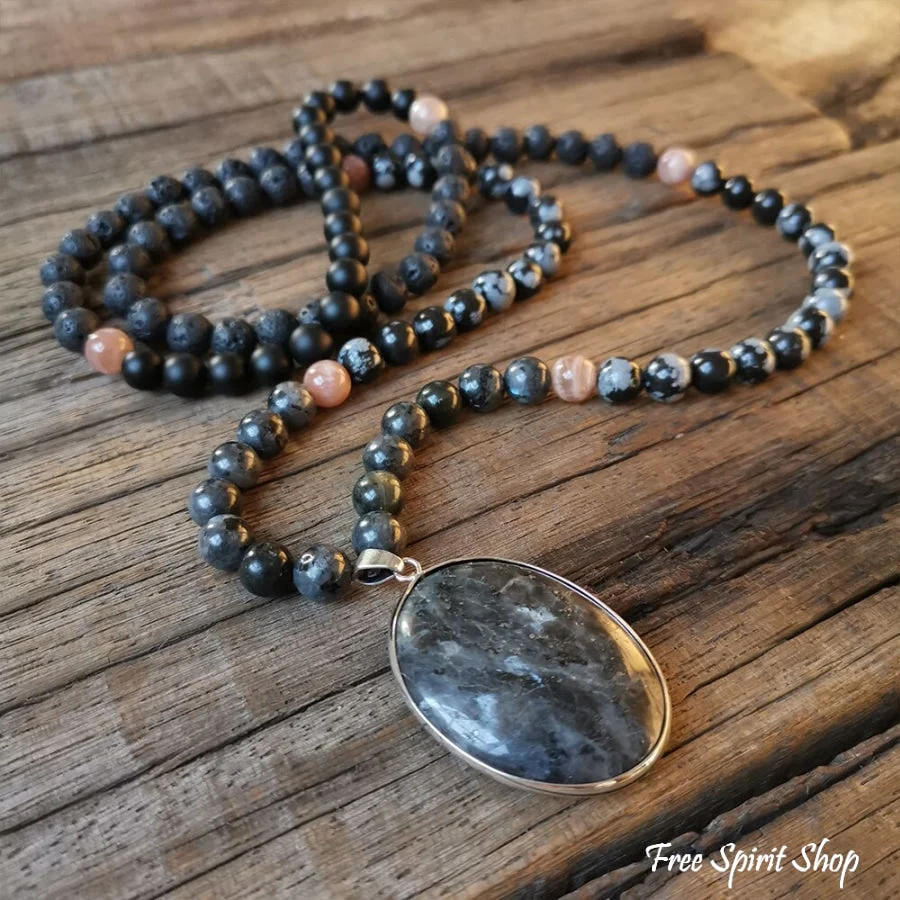 108 Natural Black Lava Stone Snowflake Obsidian Sunstone & Labradorite Mala Bead Necklace - Image 5