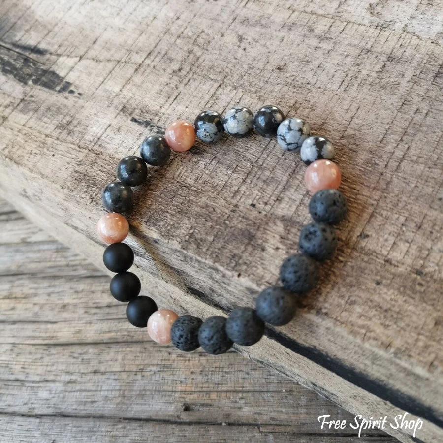 108 Natural Black Lava Stone Snowflake Obsidian Sunstone & Labradorite Mala Bead Necklace - Image 6