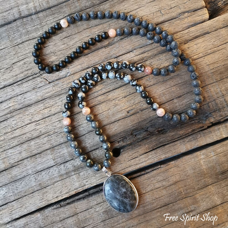 108 Natural Black Lava Stone Snowflake Obsidian Sunstone & Labradorite Mala Bead Necklace - Image 7
