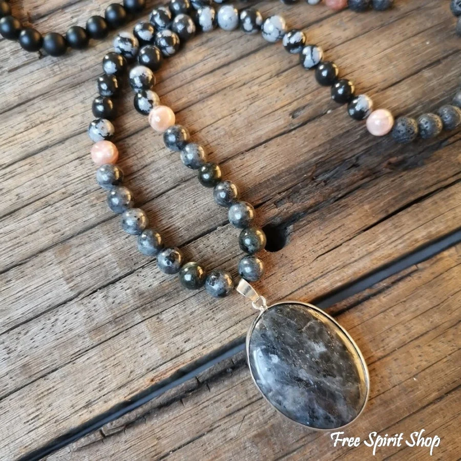 108 Natural Black Lava Stone Snowflake Obsidian Sunstone & Labradorite Mala Bead Necklace - Image 8