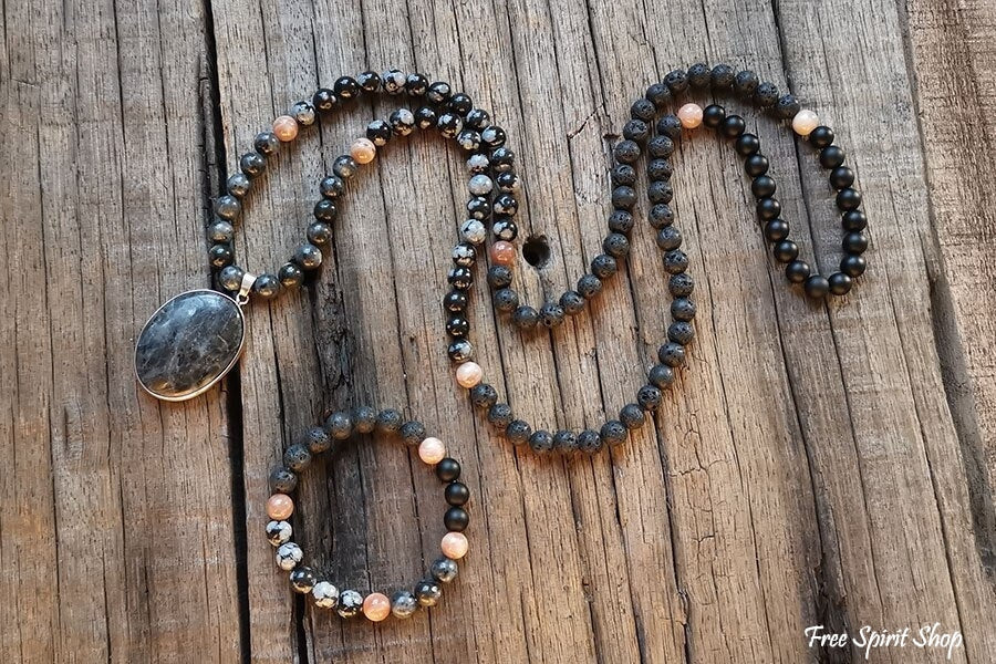 108 Natural Black Lava Stone Snowflake Obsidian Sunstone & Labradorite Mala Bead Necklace - Image 9