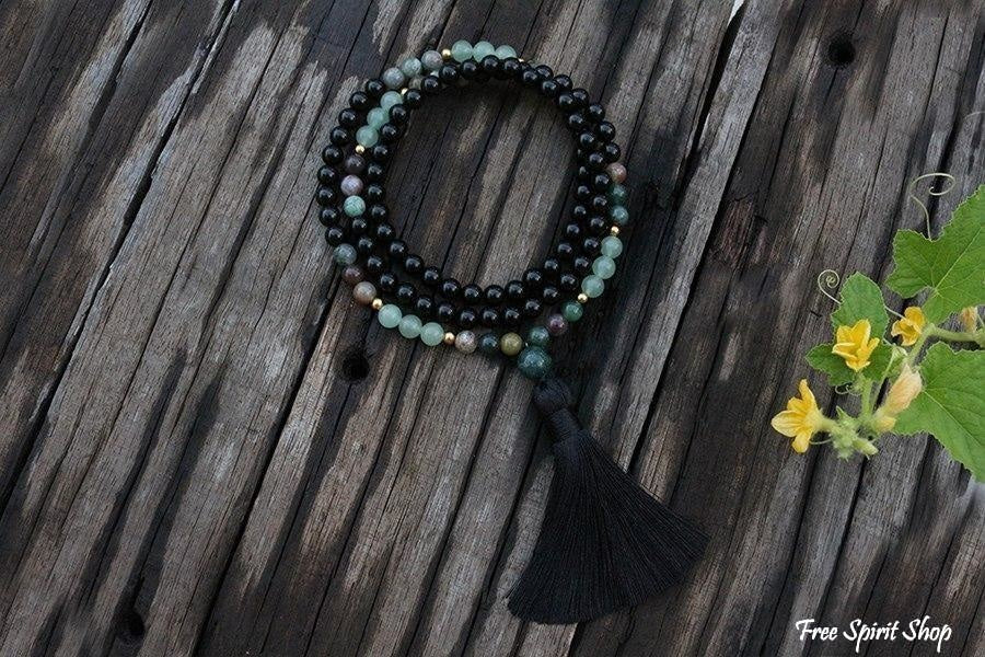 108 Natural Black Onyx, Indian Agate & Green Aventurine Gemstone Bead Mala Necklace - Image 3