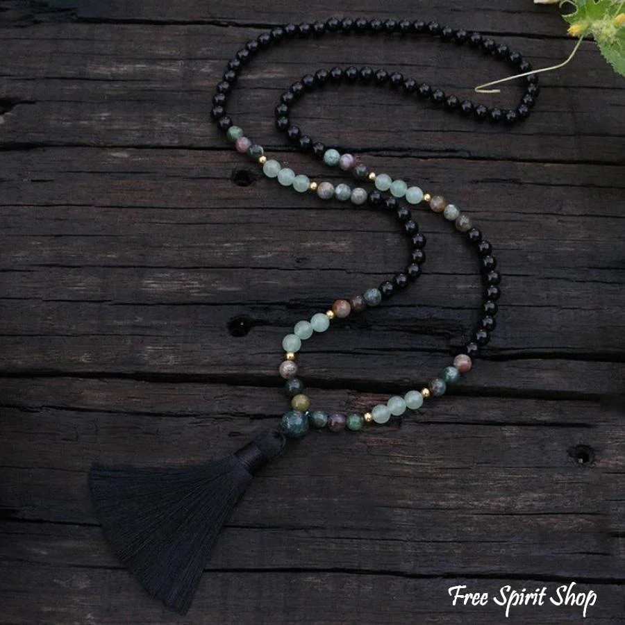 108 Natural Black Onyx, Indian Agate & Green Aventurine Gemstone Bead Mala Necklace - Image 4