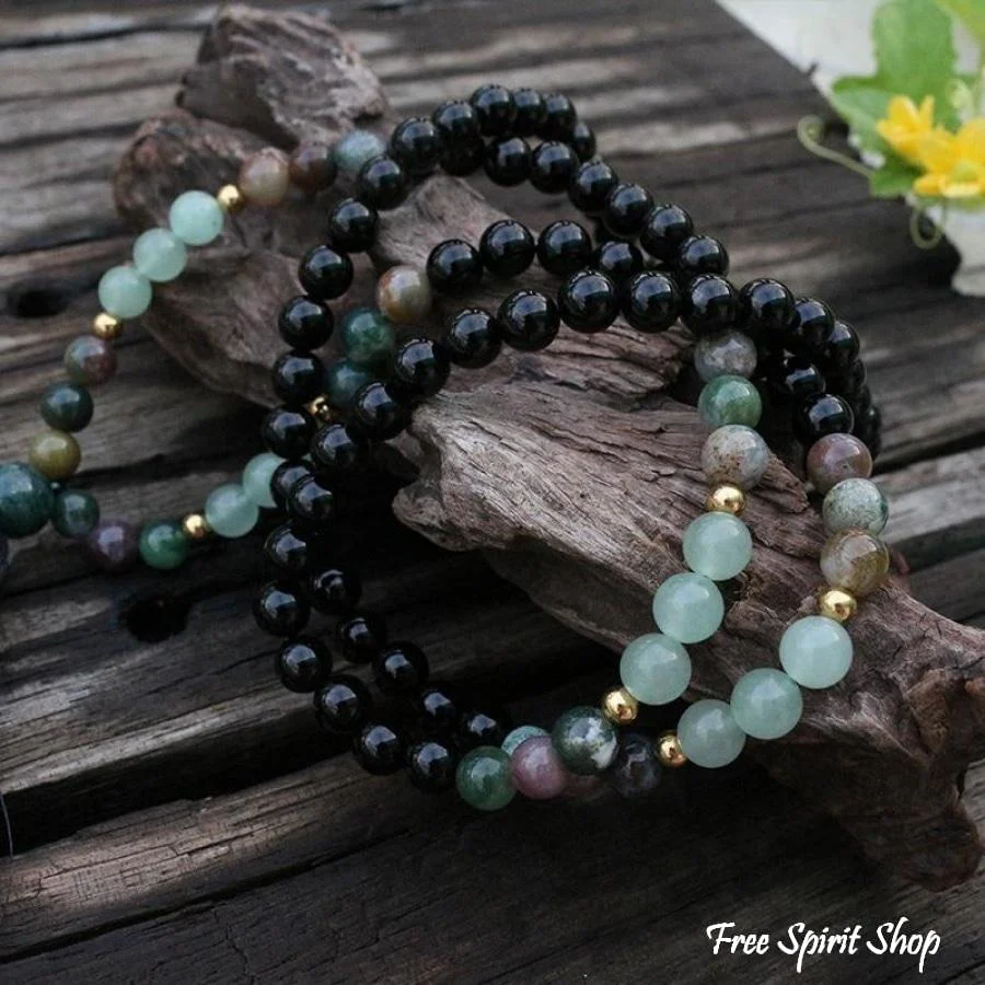 108 Natural Black Onyx, Indian Agate & Green Aventurine Gemstone Bead Mala Necklace - Image 5