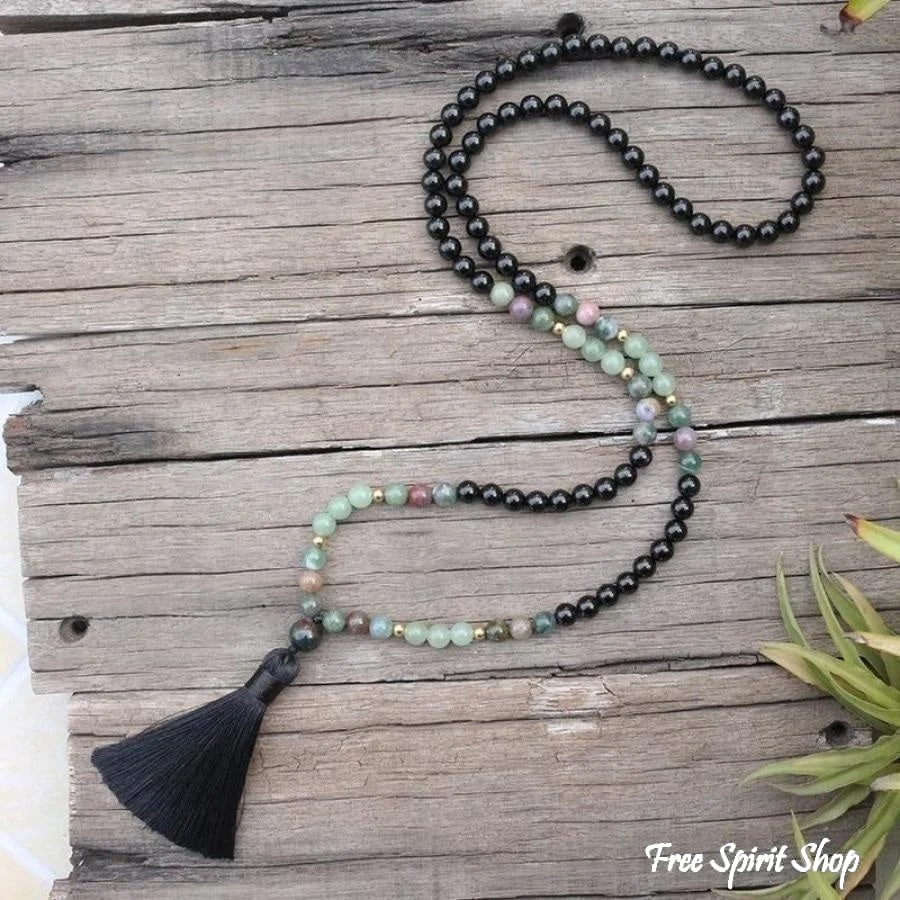 108 Natural Black Onyx, Indian Agate & Green Aventurine Mala Bead Necklace / Bracelet - Image 3