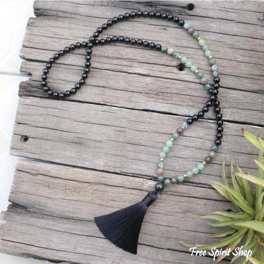 108 Natural Black Onyx, Indian Agate & Green Aventurine Mala Bead Necklace / Bracelet - Image 4