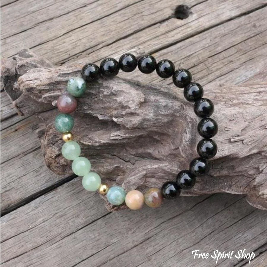 108 Natural Black Onyx, Indian Agate & Green Aventurine Mala Bead Necklace / Bracelet - Image 5