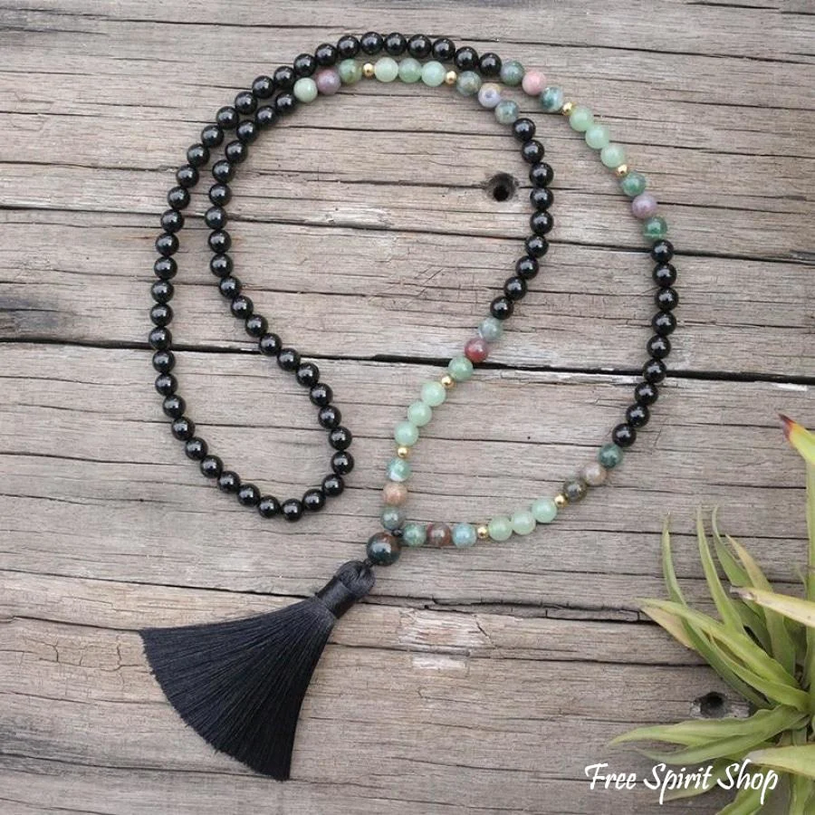 108 Natural Black Onyx, Indian Agate & Green Aventurine Mala Bead Necklace / Bracelet - Image 6