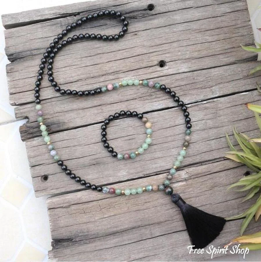 108 Natural Black Onyx, Indian Agate & Green Aventurine Mala Bead Necklace / Bracelet - Image 7