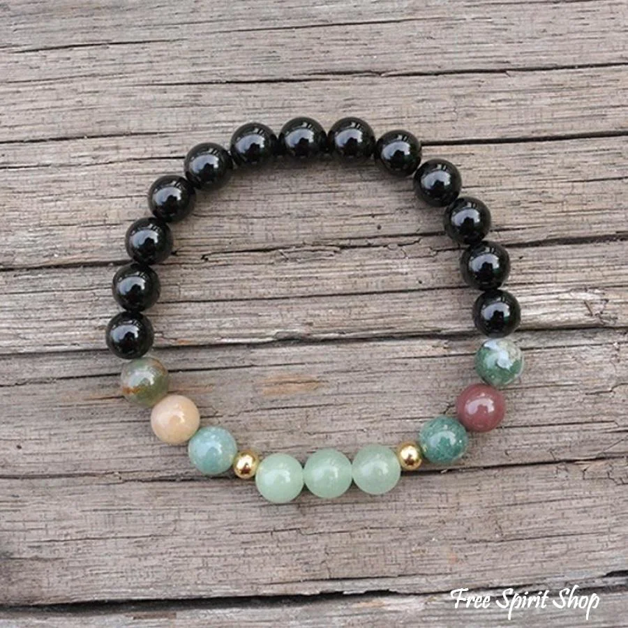 108 Natural Black Onyx, Indian Agate & Green Aventurine Mala Bead Necklace / Bracelet - Image 8