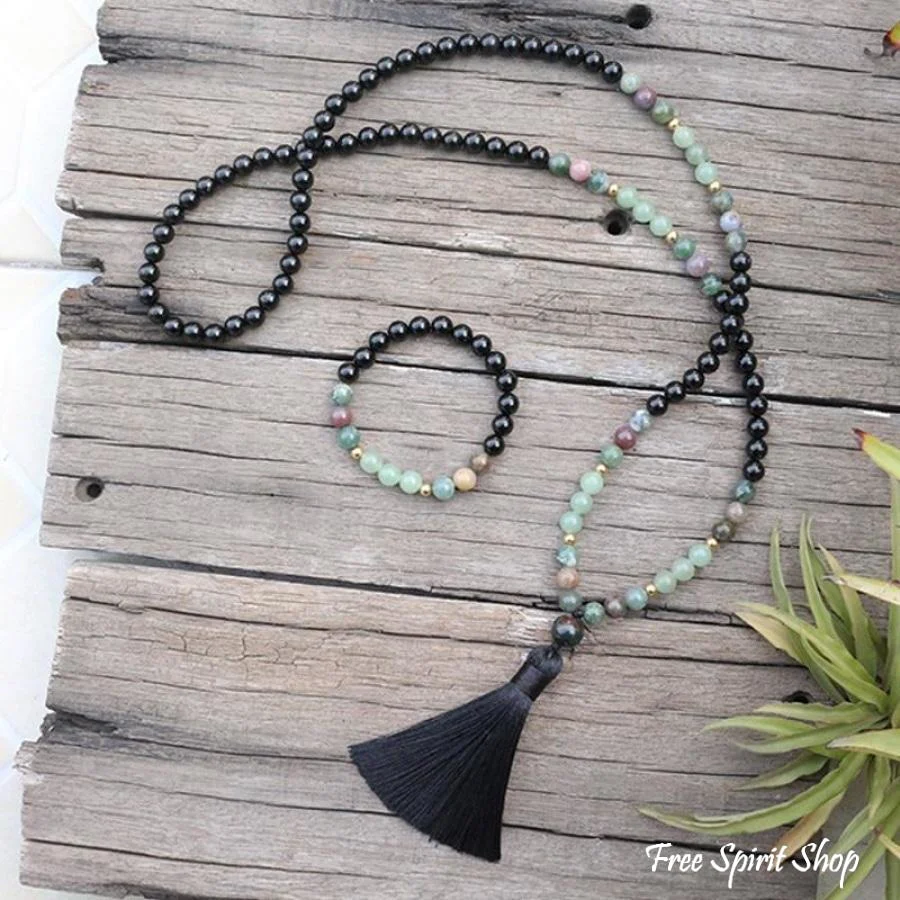 108 Natural Black Onyx, Indian Agate & Green Aventurine Mala Bead Necklace / Bracelet - Image 9