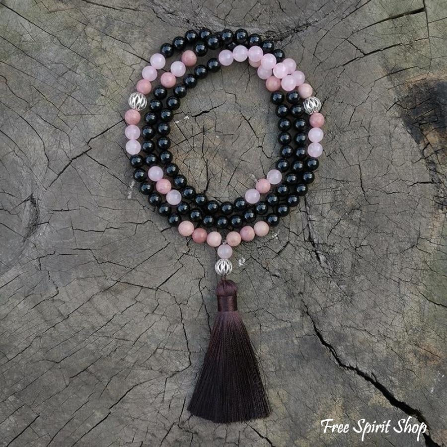108 Natural Black Onyx Rhodonite & Rose Quartz Mala Beads - Image 2