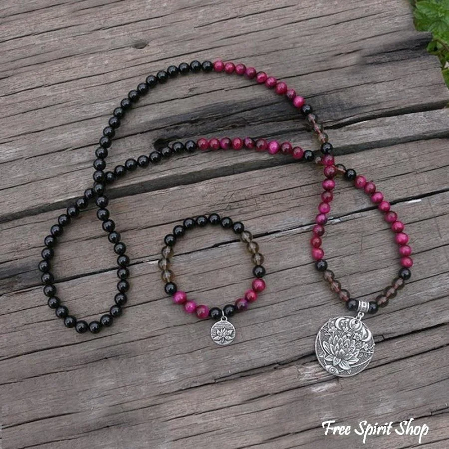 108 Natural Black Onyx Smoky Quartz & Rose Tiger Eye Mala Bead Necklace / Bracelet