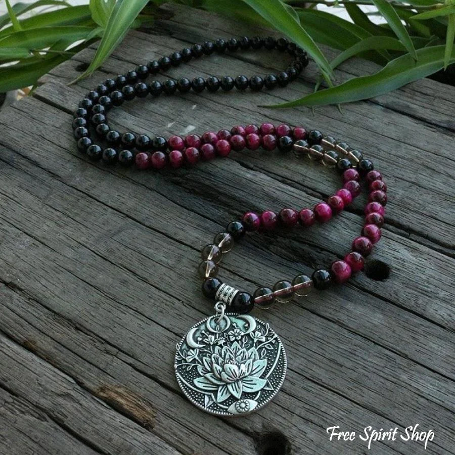 108 Natural Black Onyx Smoky Quartz & Rose Tiger Eye Mala Bead Necklace / Bracelet - Image 2