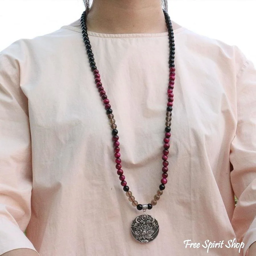 108 Natural Black Onyx Smoky Quartz & Rose Tiger Eye Mala Bead Necklace / Bracelet - Image 3