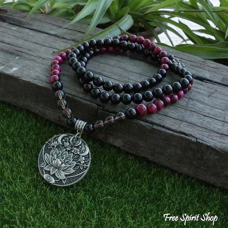 108 Natural Black Onyx Smoky Quartz & Rose Tiger Eye Mala Bead Necklace / Bracelet - Image 4