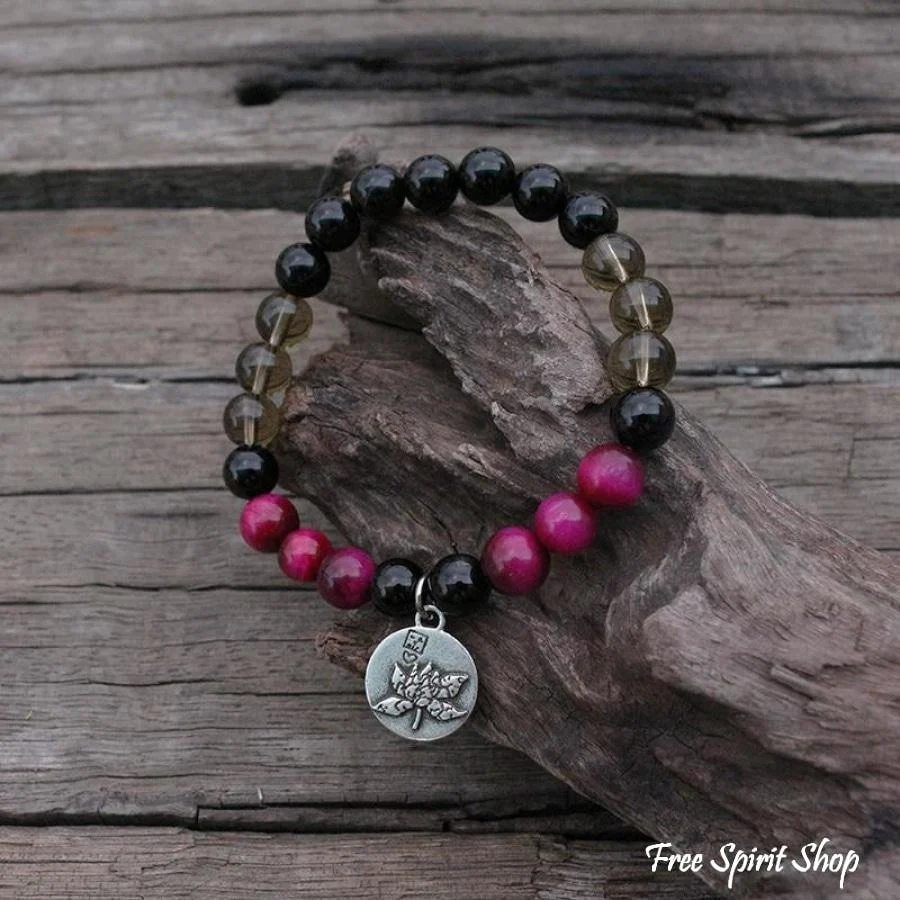 108 Natural Black Onyx Smoky Quartz & Rose Tiger Eye Mala Bead Necklace / Bracelet - Image 5