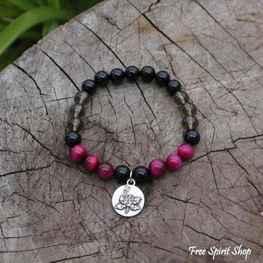 108 Natural Black Onyx Smoky Quartz & Rose Tiger Eye Mala Bead Necklace / Bracelet - Image 6