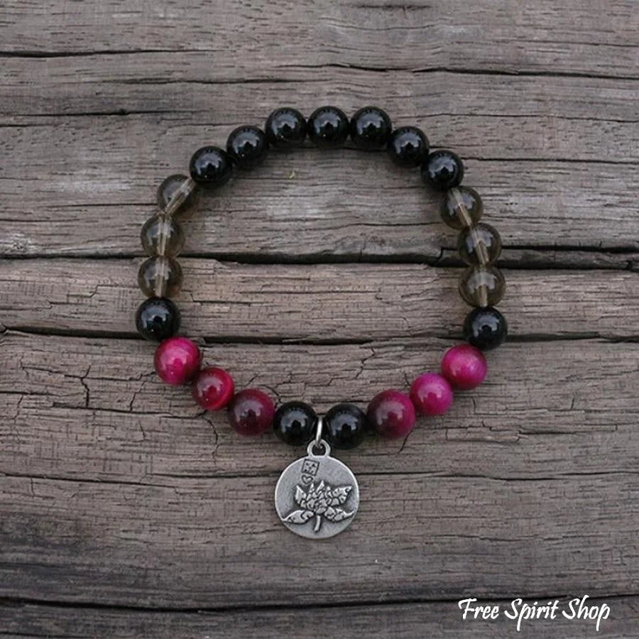 108 Natural Black Onyx Smoky Quartz & Rose Tiger Eye Mala Bead Necklace / Bracelet - Image 7