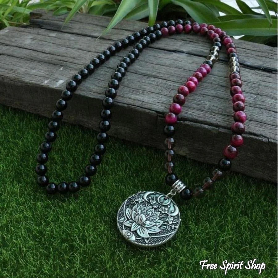 108 Natural Black Onyx Smoky Quartz & Rose Tiger Eye Mala Bead Necklace / Bracelet - Image 8
