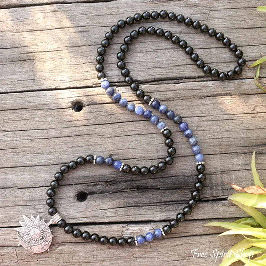 108 Natural Black Onyx & Sodalite Mala Beads With Sun & Moon Pendant - Image 3