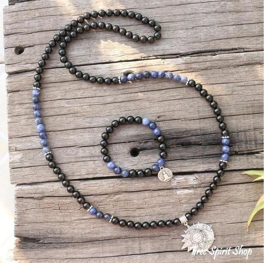 108 Natural Black Onyx & Sodalite Mala Beads With Sun & Moon Pendant - Image 4