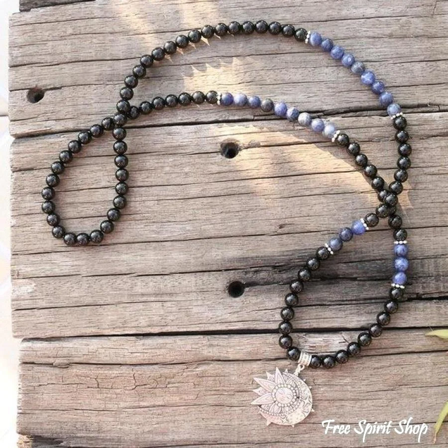 108 Natural Black Onyx & Sodalite Mala Beads With Sun & Moon Pendant - Image 5