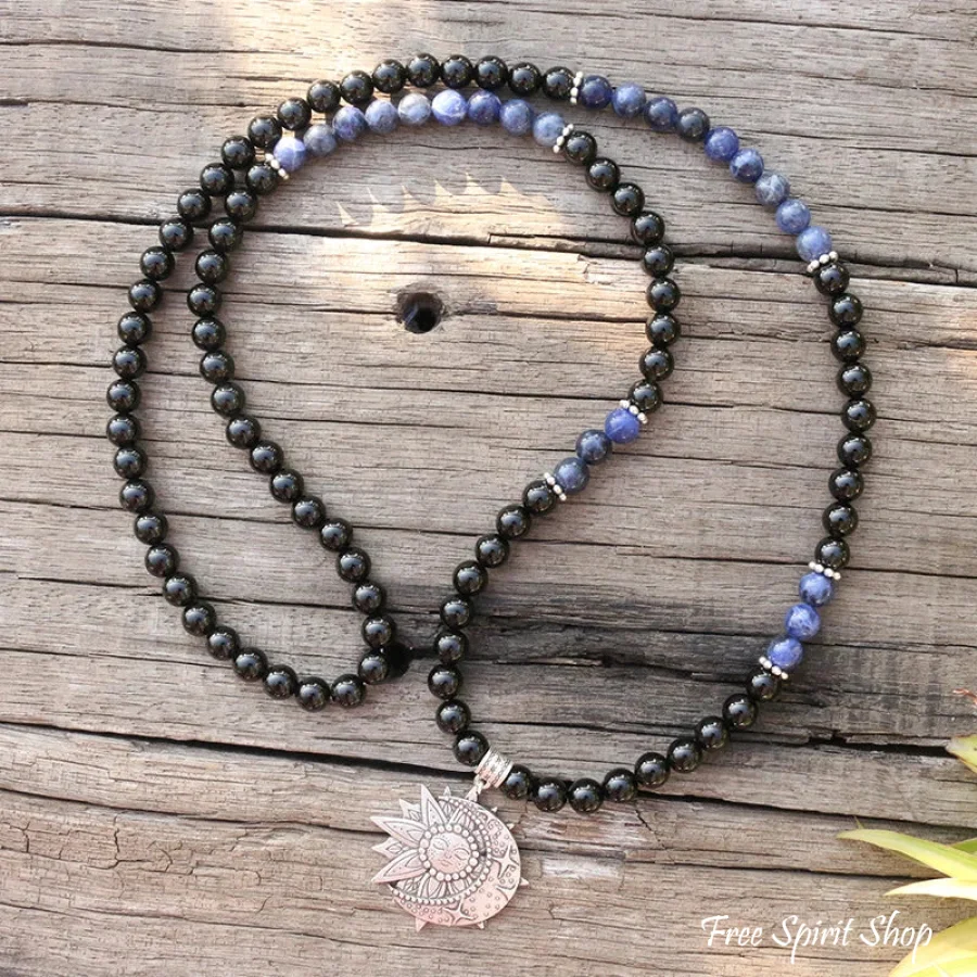 108 Natural Black Onyx & Sodalite Mala Beads With Sun & Moon Pendant - Image 6