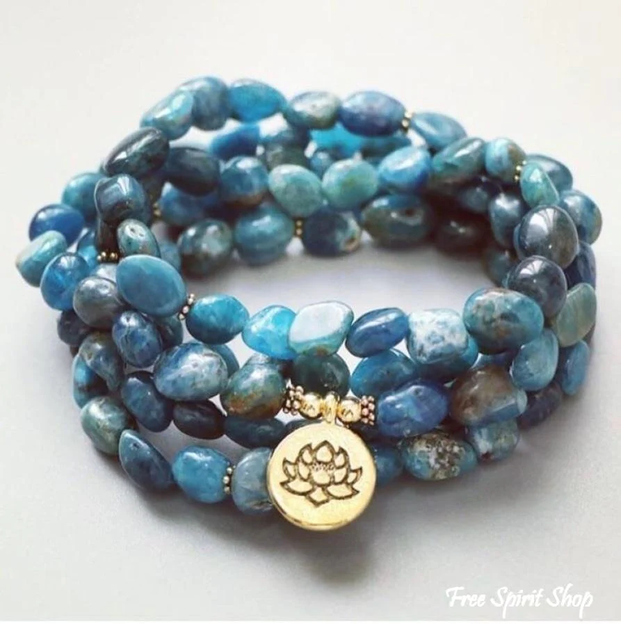 108 Natural Blue Apatite Mala Bead Bracelet