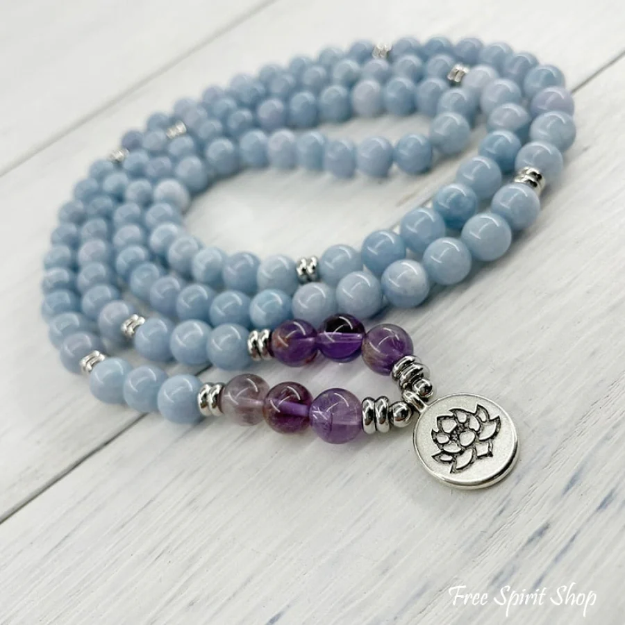 108 Natural Blue Calcite & Amethyst Mala Bead Bracelet - Image 2