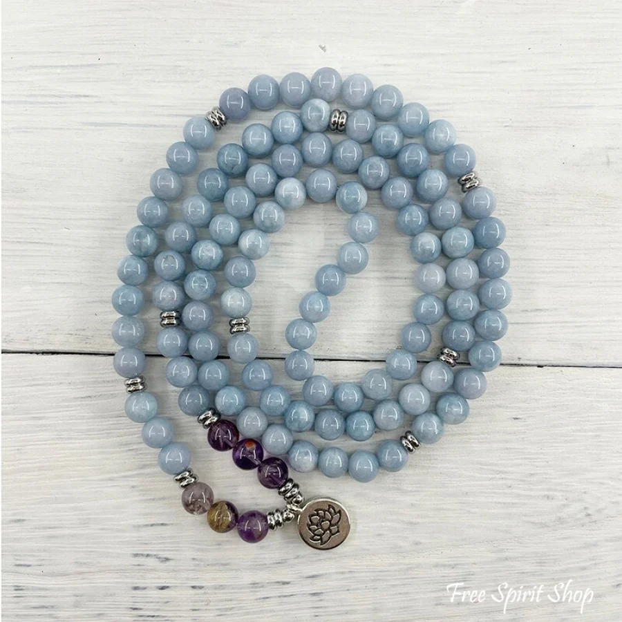 108 Natural Blue Calcite & Amethyst Mala Bead Bracelet - Image 3