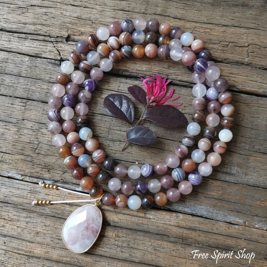 108 Natural Botswana Agate & Amethyst Mala Bead Necklace - Image 2