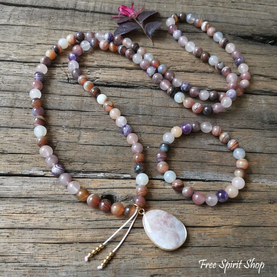 108 Natural Botswana Agate & Amethyst Mala Bead Necklace - Image 3