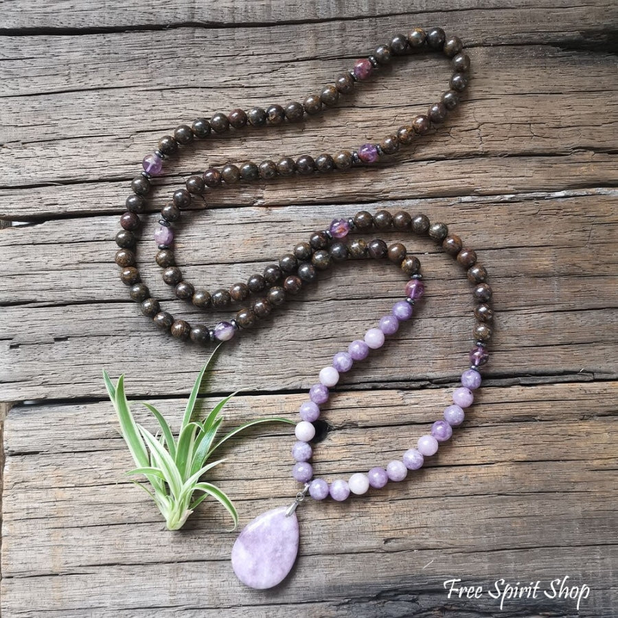 108 Natural Bronzite & Purple Lepidolite Mala Bead Necklace - Image 3