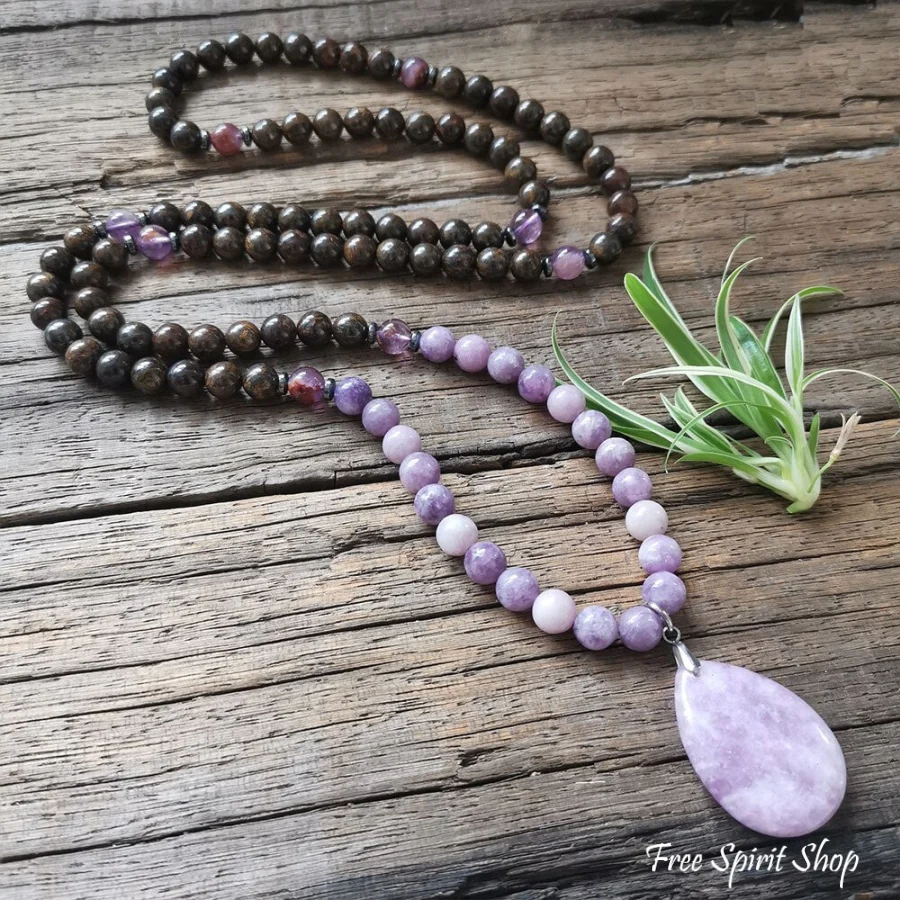 108 Natural Bronzite & Purple Lepidolite Mala Bead Necklace - Image 5