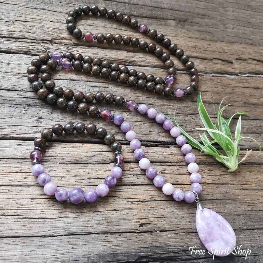 108 Natural Bronzite & Purple Lepidolite Mala Bead Necklace - Image 6