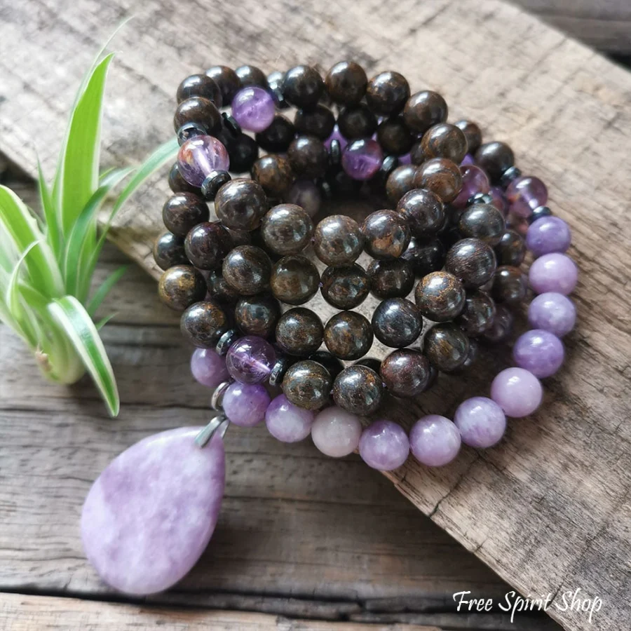 108 Natural Bronzite & Purple Lepidolite Mala Bead Necklace - Image 7