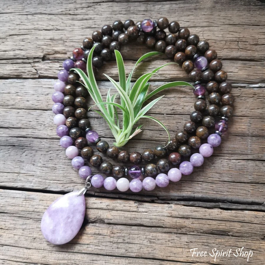 108 Natural Bronzite & Purple Lepidolite Mala Bead Necklace - Image 8
