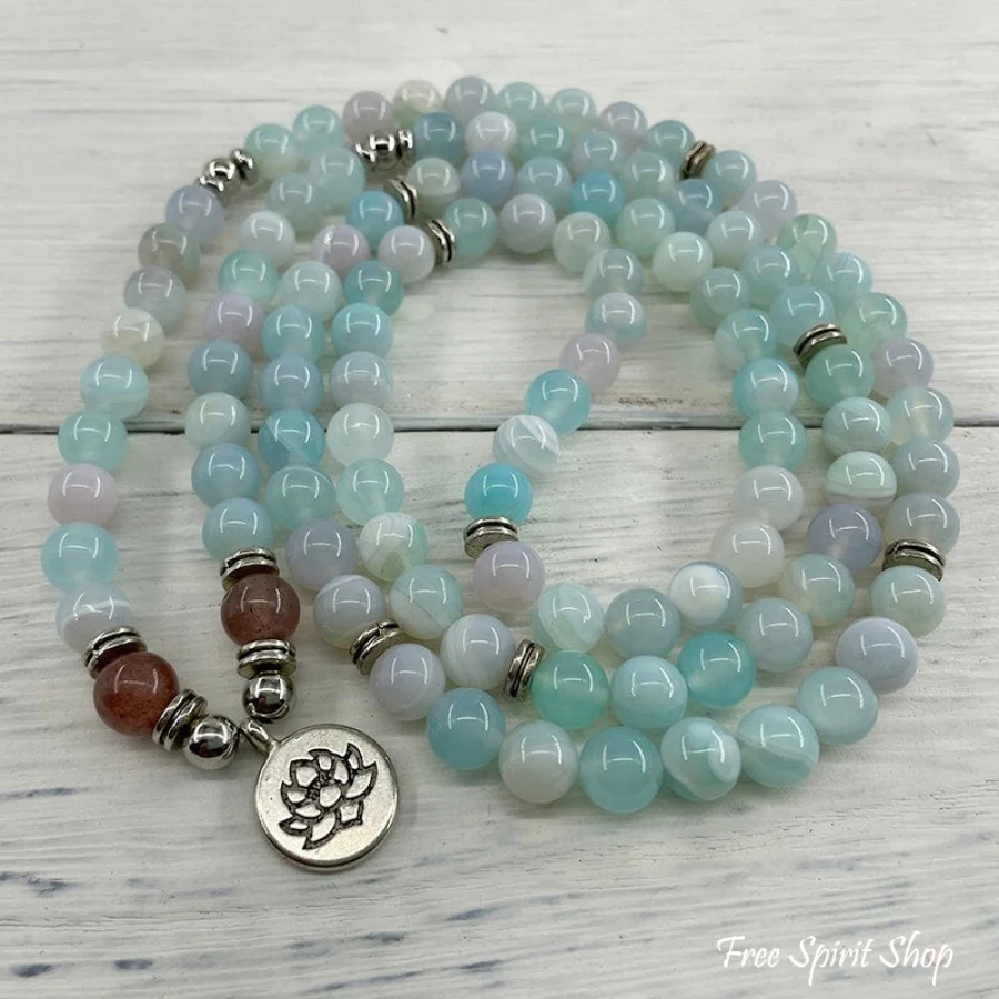 108 Natural Candy Agate & Strawberry Quartz Mala Bead Bracelet - Image 4
