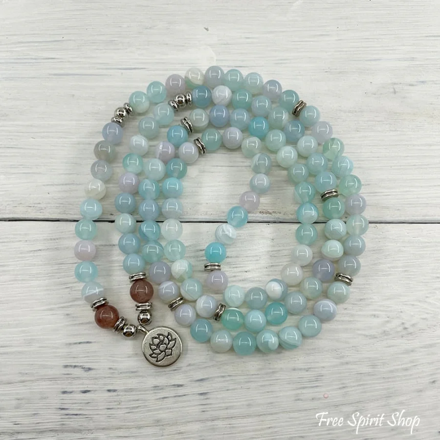 108 Natural Candy Agate & Strawberry Quartz Mala Bead Bracelet - Image 5