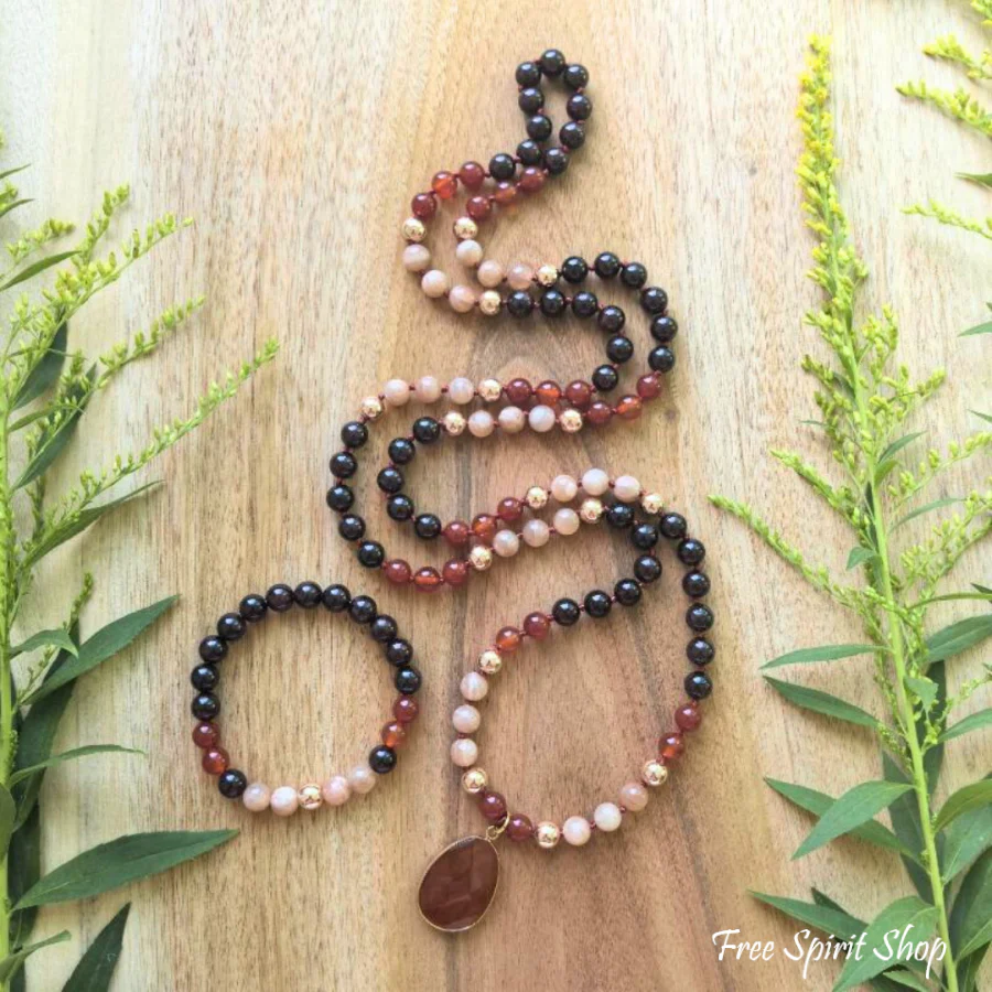 108 Natural Carnelian, Garnet & Sunstone Mala Bead Necklace - Image 5
