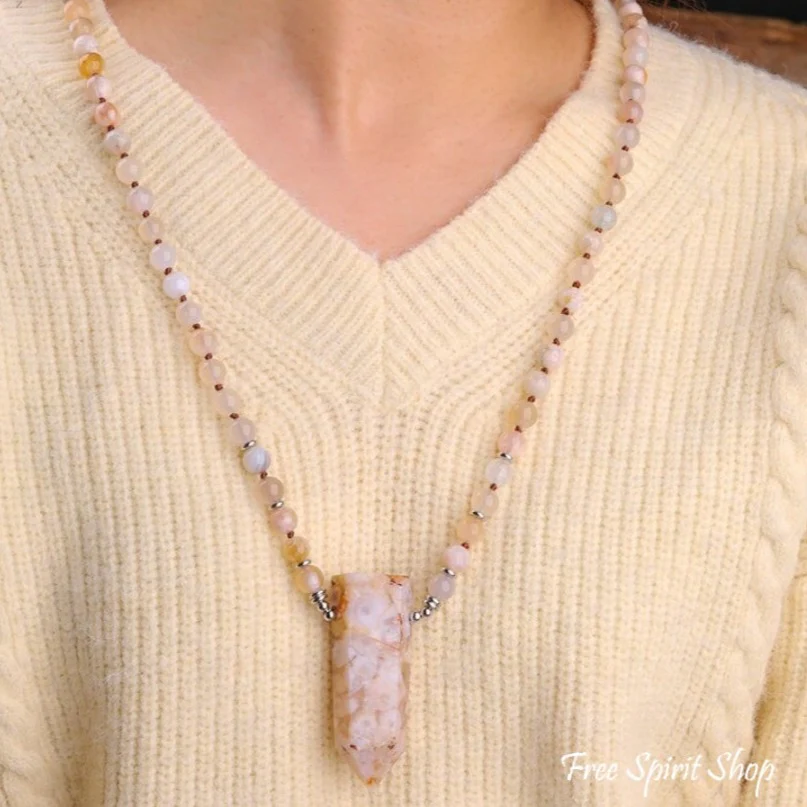 108 Natural Cherry Blossom Agate Gemstone Mala Bead Necklace - Image 2