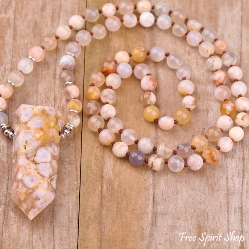 108 Natural Cherry Blossom Agate Gemstone Mala Bead Necklace - Image 3