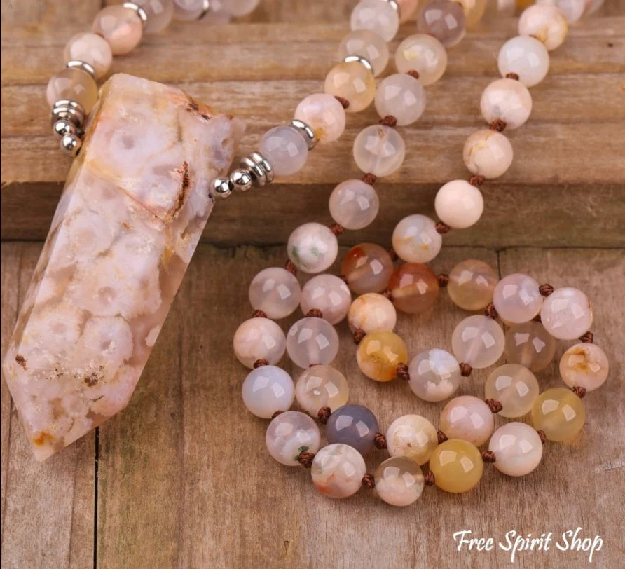 108 Natural Cherry Blossom Agate Gemstone Mala Bead Necklace - Image 4
