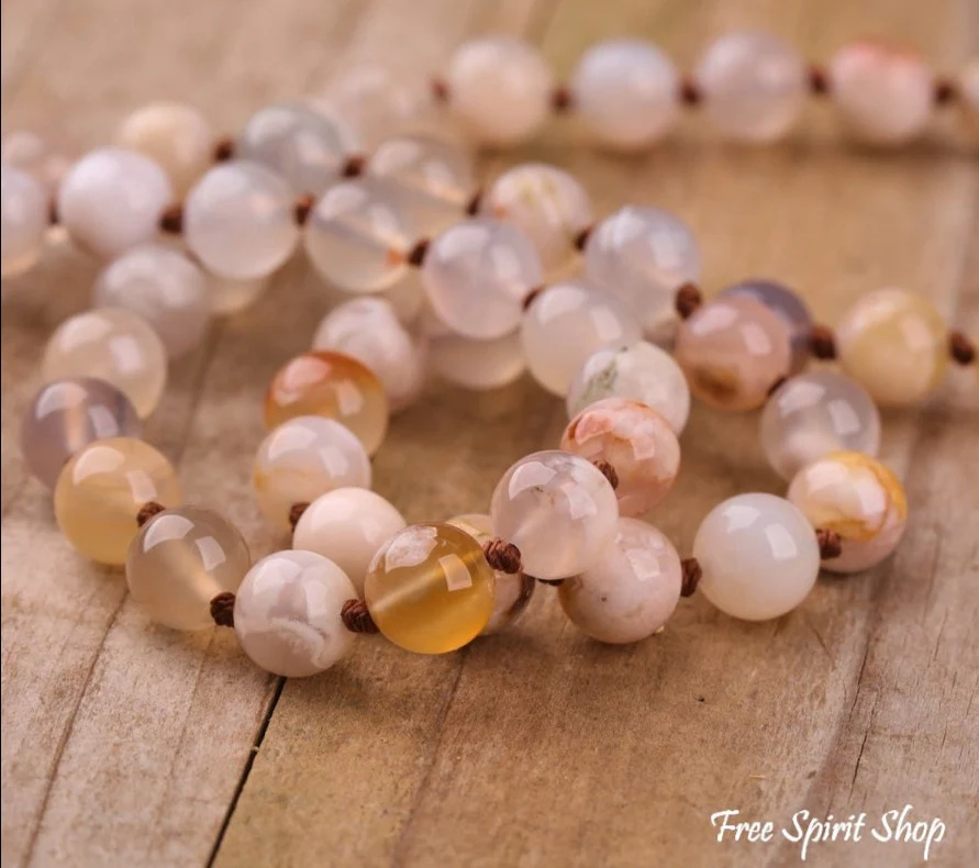 108 Natural Cherry Blossom Agate Gemstone Mala Bead Necklace - Image 5
