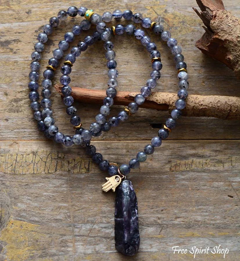108 Natural Cordierite Stone Mala Bead Necklace - Image 3