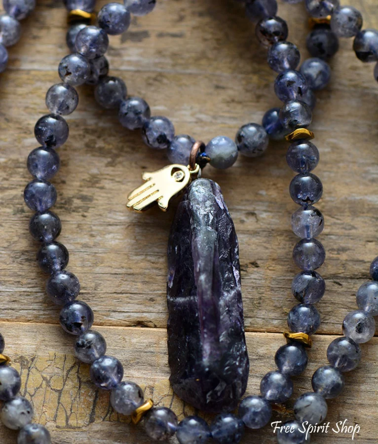 108 Natural Cordierite Stone Mala Bead Necklace - Image 4