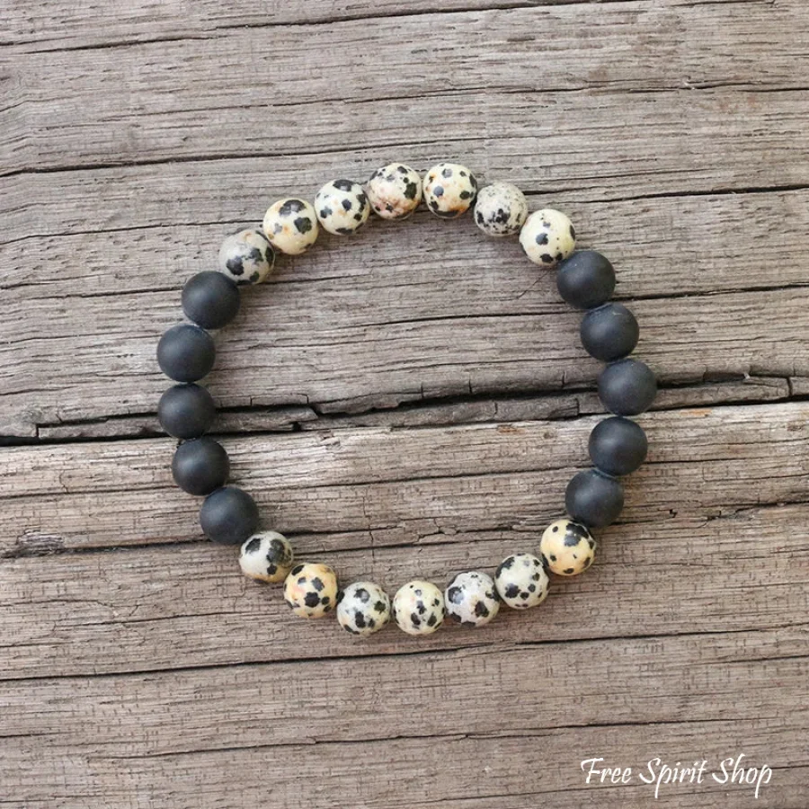 108 Natural Dalmatian Jasper Black Onyx & Lava Stone Mala Beads / Bracelet - Image 3