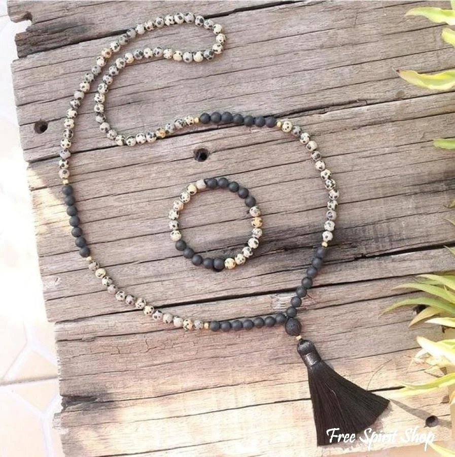 108 Natural Dalmatian Jasper Black Onyx & Lava Stone Mala Beads / Bracelet - Image 5